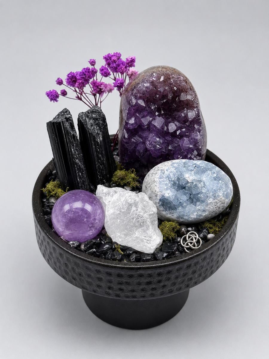 Black Tourmaline Amethyst Shield Crystal Desktop Garden